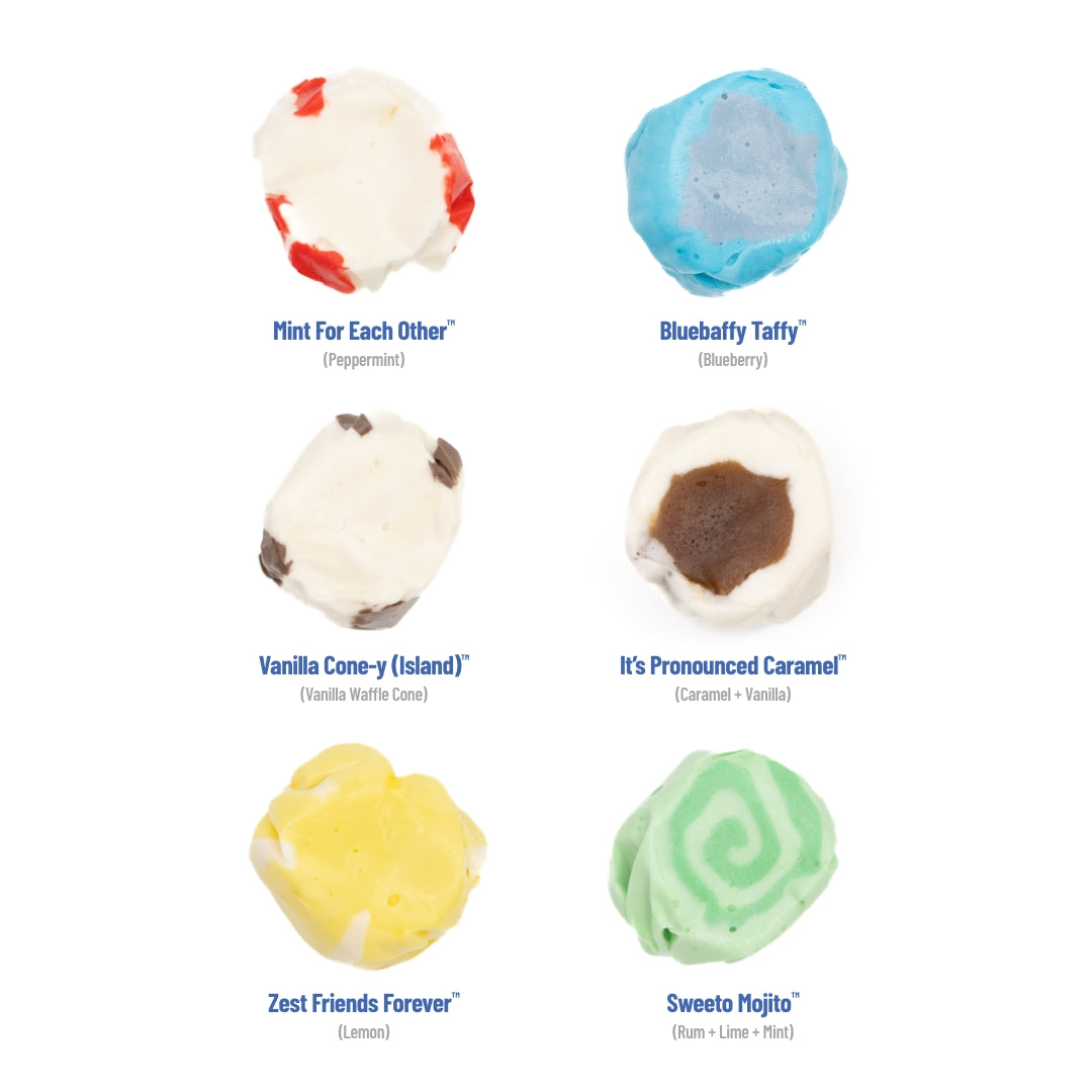Frost Bites Favorites Taffy Mix features colorful saltwater taffy in various fruity flavors, offering a classic chewy treat | Taffy Shop.