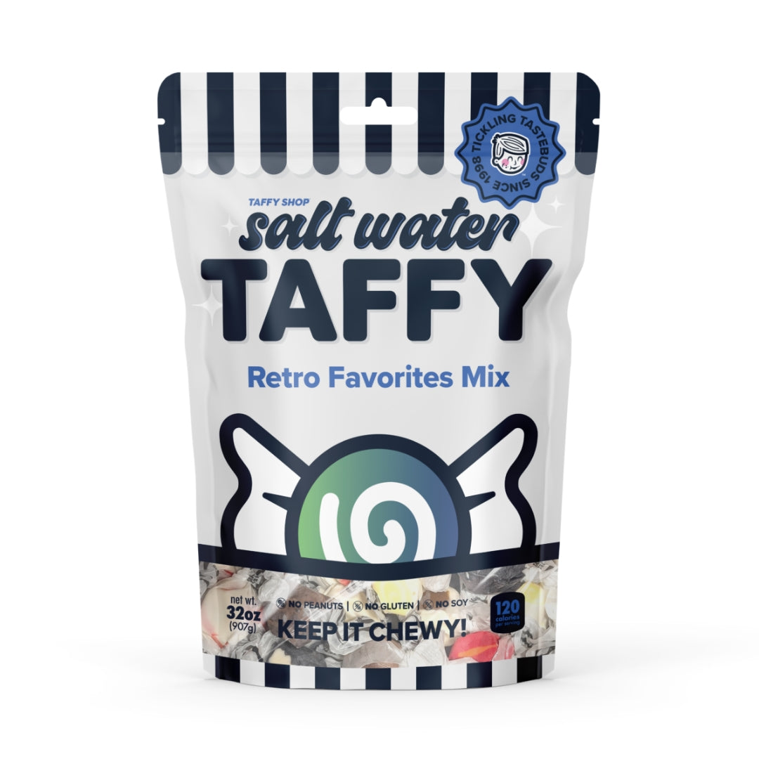 Retro Favorites Taffy Mix features colorful saltwater taffy pieces in assorted flavors, a chewy candy staple | Taffy Shop