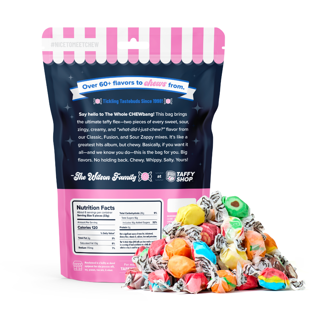 The Whole Chewbang! offers a colorful assortment of chewy saltwater taffy, showcasing various flavors in a compact bag | Taffy Shop.