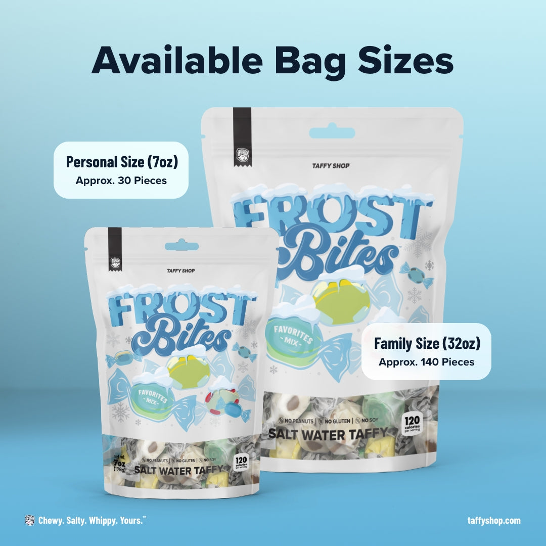 Frost Bites Favorites Taffy Mix displays colorful salt water taffy pieces in various flavors and sizes, a classic chewy candy treat | Taffy Shop.
