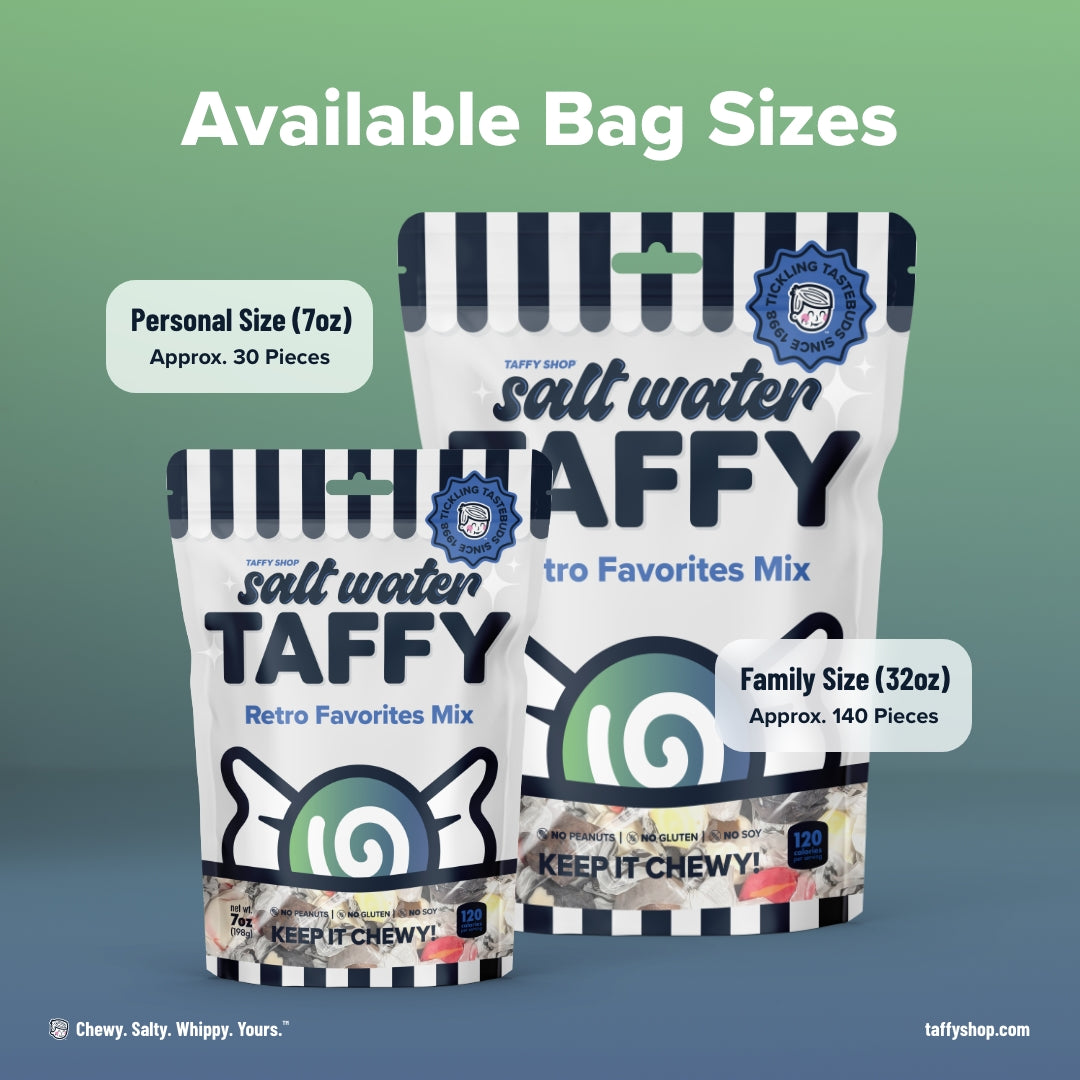 Retro Favorites Taffy Mix features colorful salt water taffy, a classic chewy candy treat, in various fruity flavors | Taffy Shop.