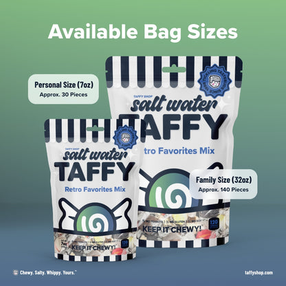 Retro Favorites Taffy Mix features colorful salt water taffy, a classic chewy candy treat, in various fruity flavors | Taffy Shop.