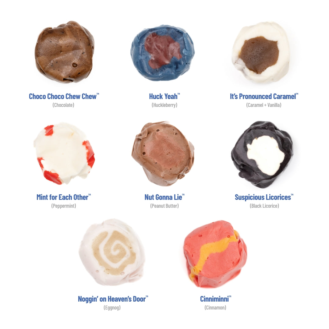 Retro Favorites Taffy Mix showcases colorful chewy saltwater taffy, featuring classic treat flavors like banana and licorice | Taffy Shop.
