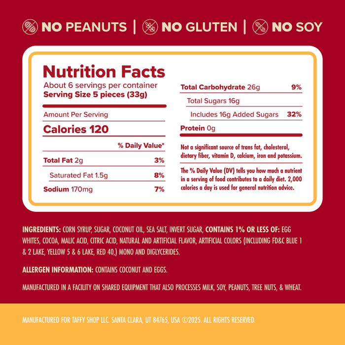Colorful Taf-Fuego Taffy Bag (7oz) showcasing nutritional facts and varied flavors | Taffy Shop.